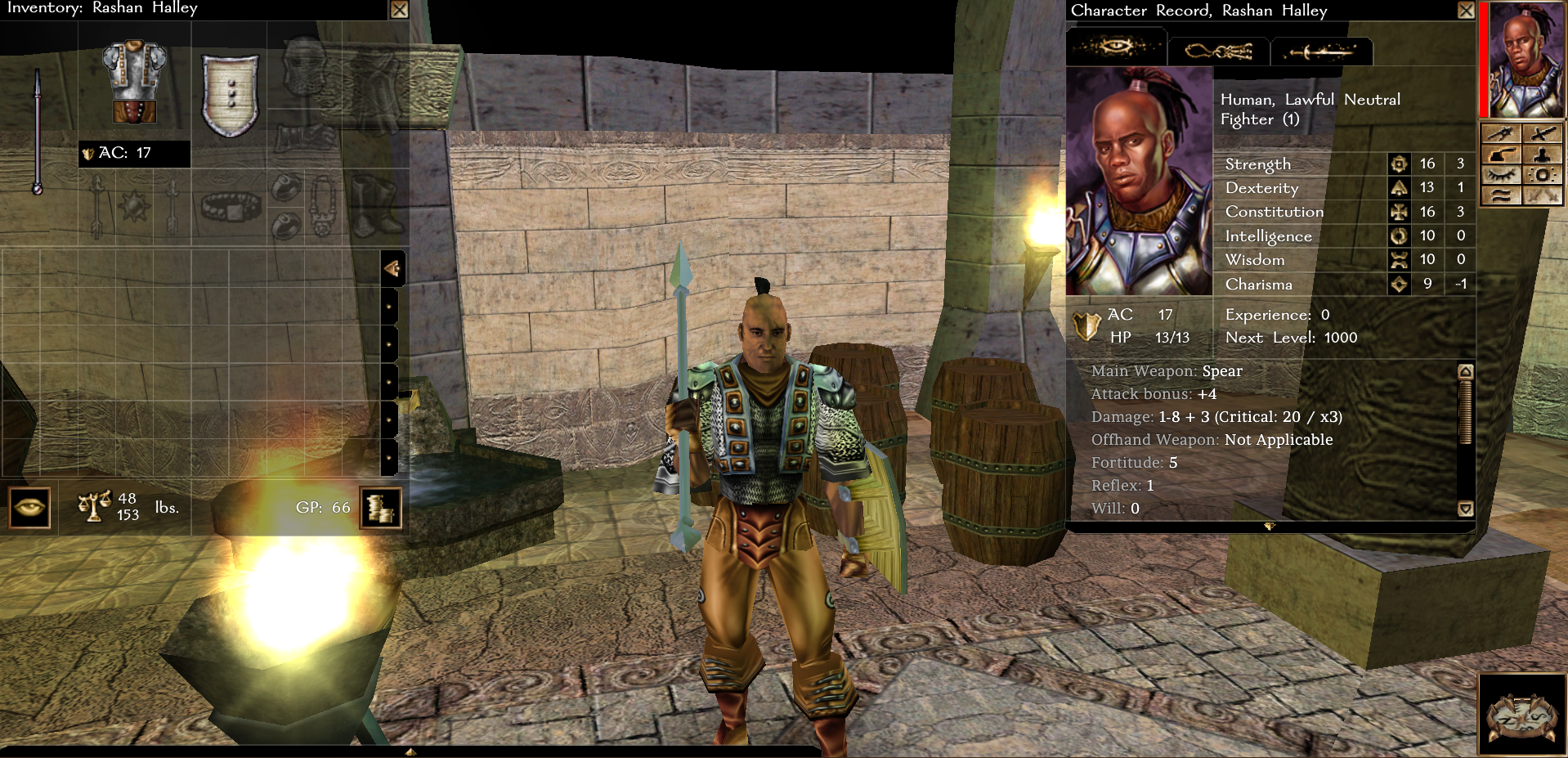 Screenshot of character wielding spear and shield